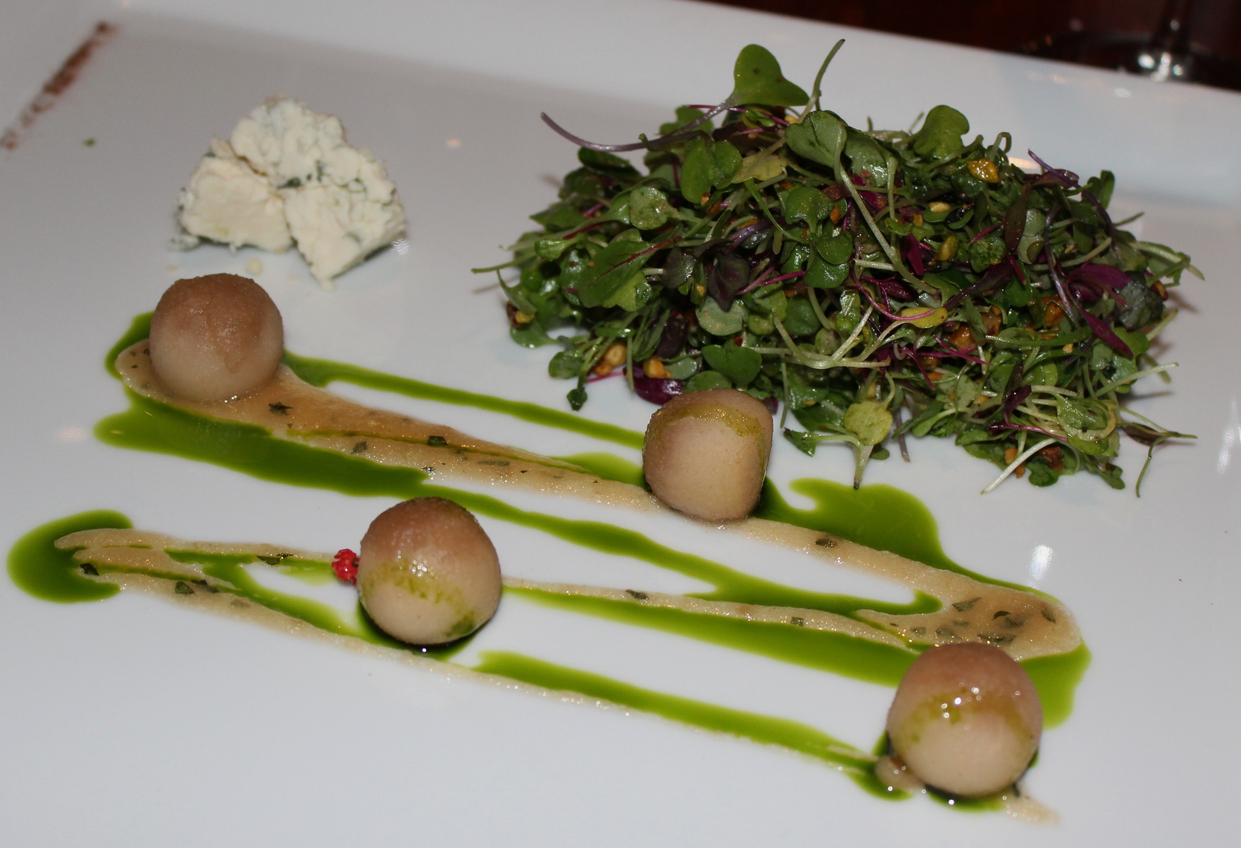 Cider-Poached Pear, Micro Herbs. Gorgonzola, Caramelized Pear-Cinnamon Vinaigrette