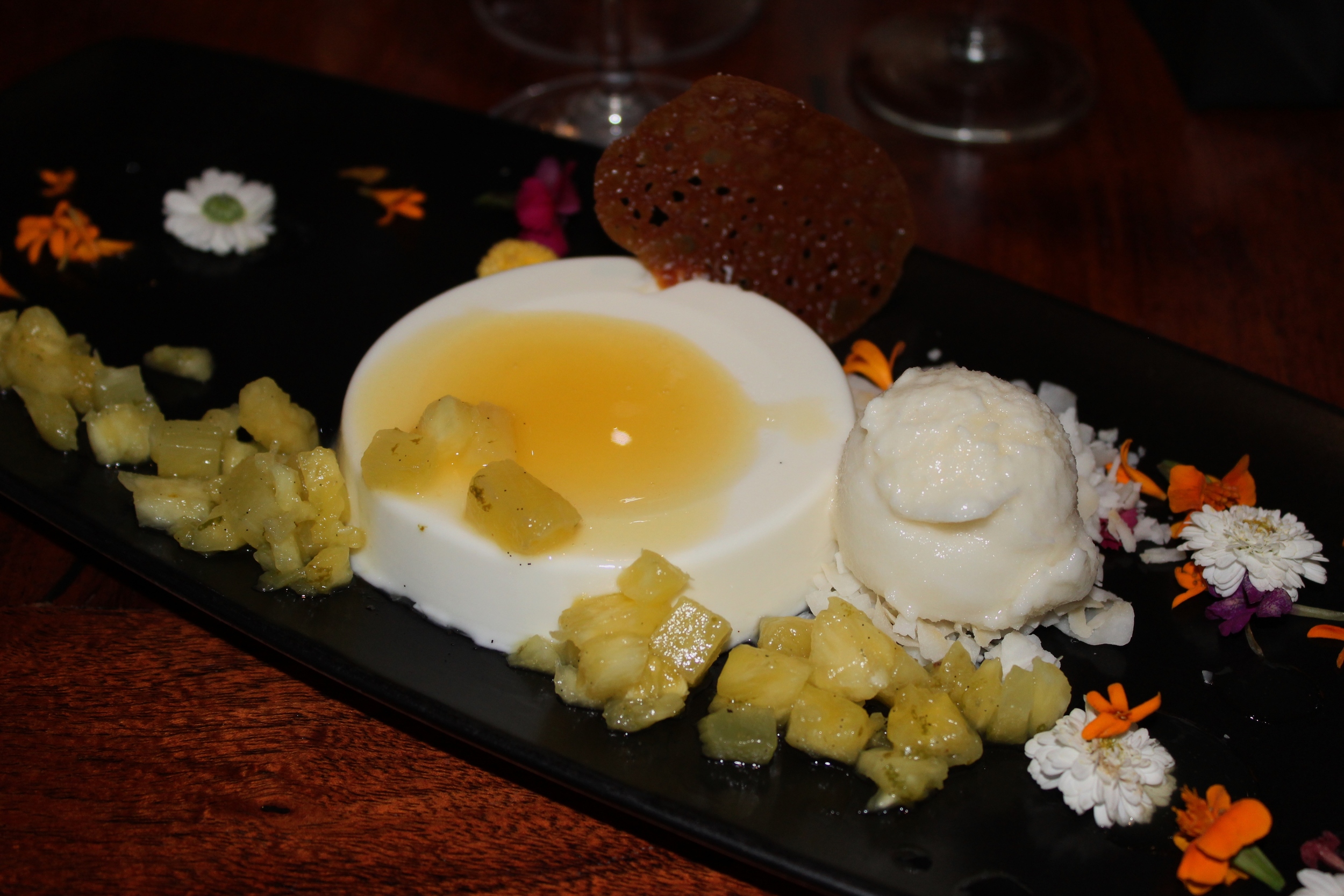 Greek Yogurt Panna Cotta with Passion Fruit Mango Tuile and Pineapple & Coconut Sorbet 