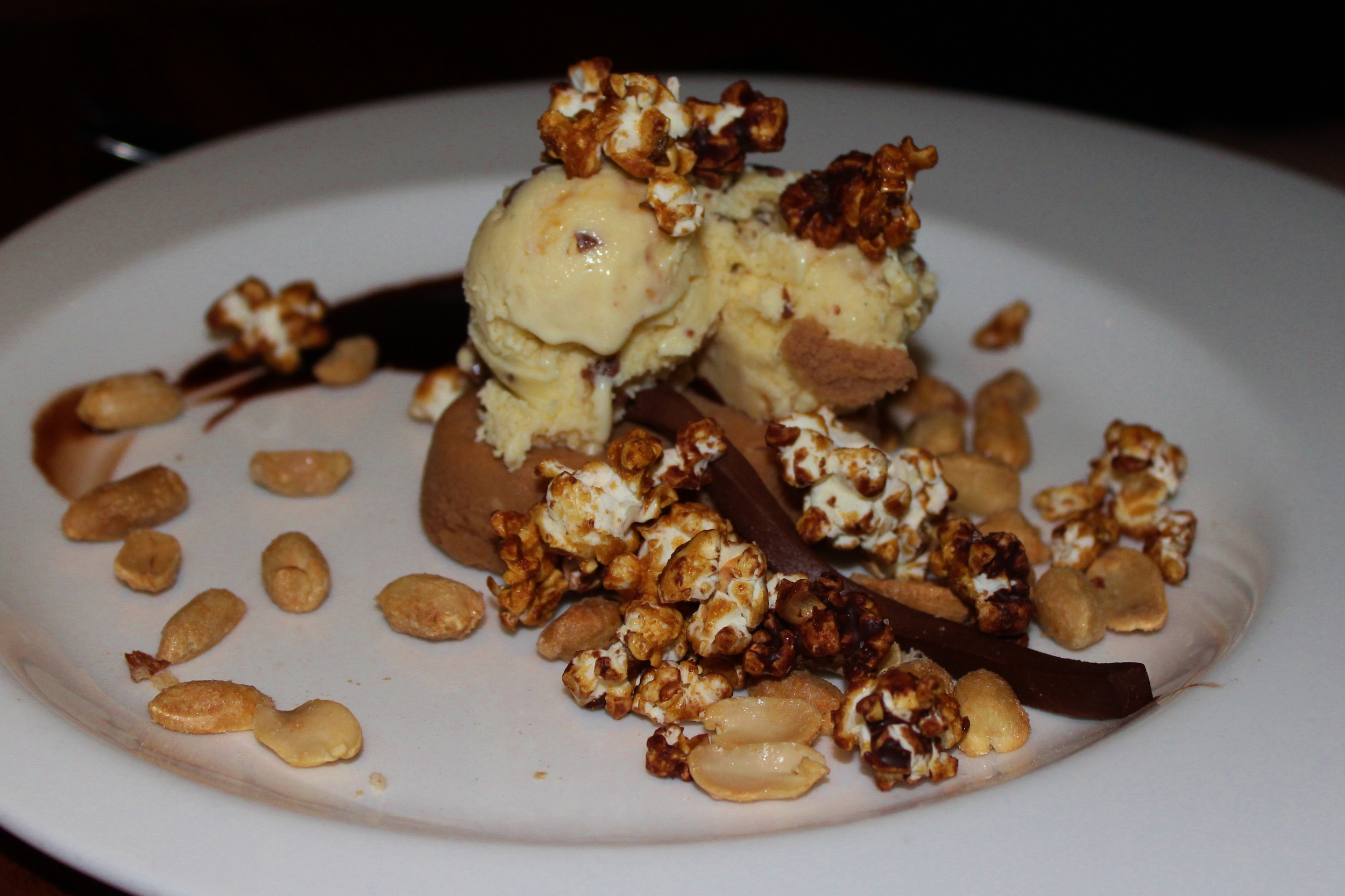  Milk Chocolate Peanut Butter Cheesecake, Candied Peanuts, and Chocolate Popcorn