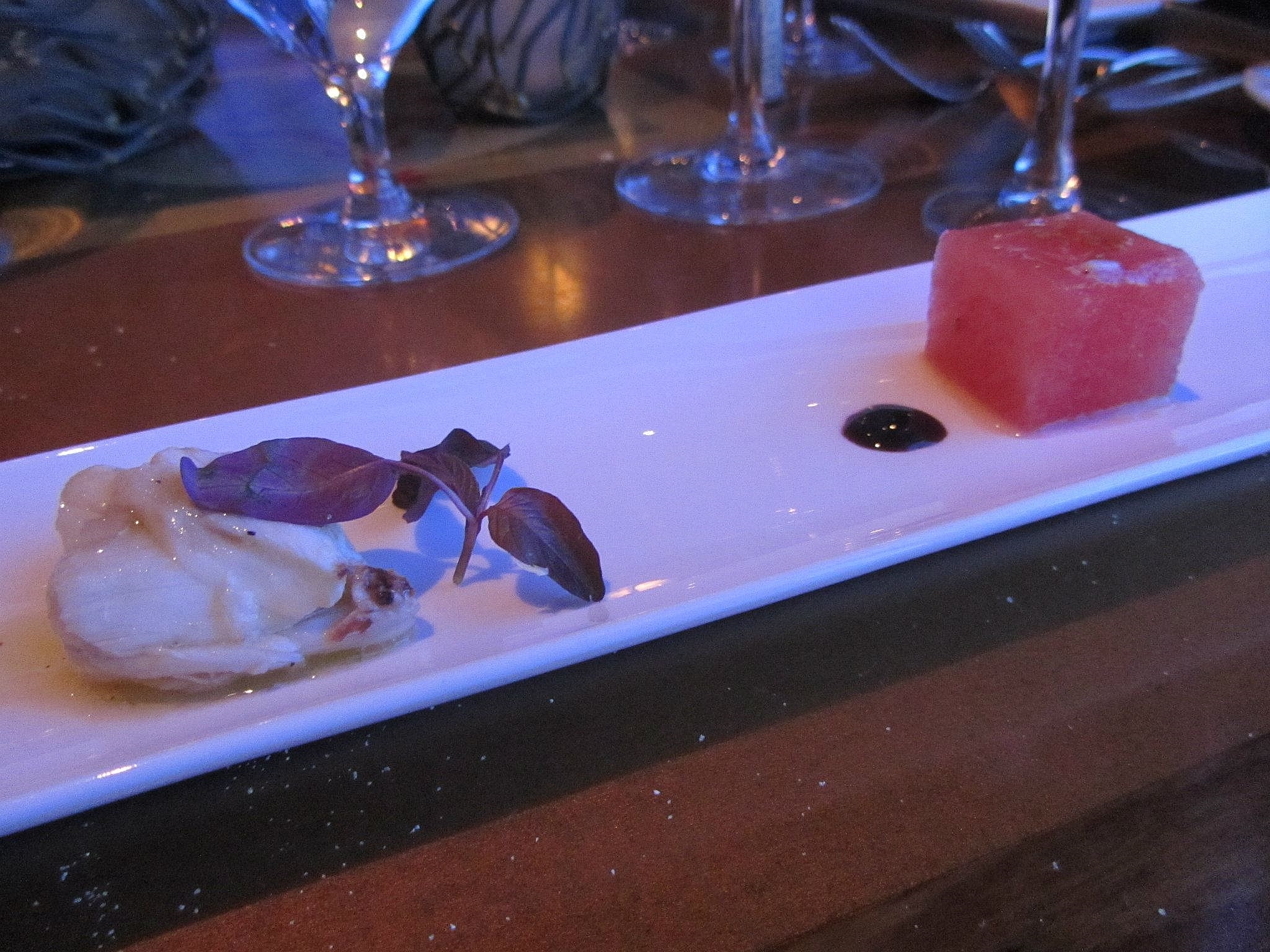 Lump crab with blood orange vinaigrette and compressed watermelon.