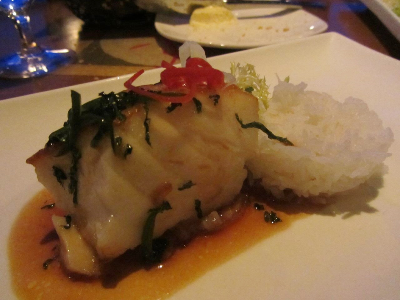  seabass glazed with soy and lemongrass with jasmine rice. 