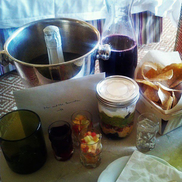 Greeted in our room with a handwritten welcome note, layer dip, tortilla chips, and a make your own sangria bar.