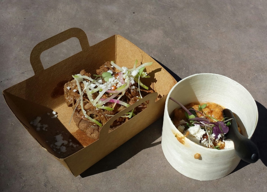 Kai's Sonoran wheat berry rice pudding with duck confit and foie gras and mesquite arepa with wild game machaca