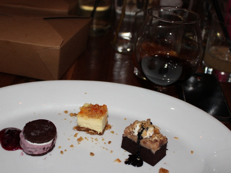 Blueberry ice cream sandwich, cheesecake, and German Chocolate cake paired with Superstition Meadery Safeword. 