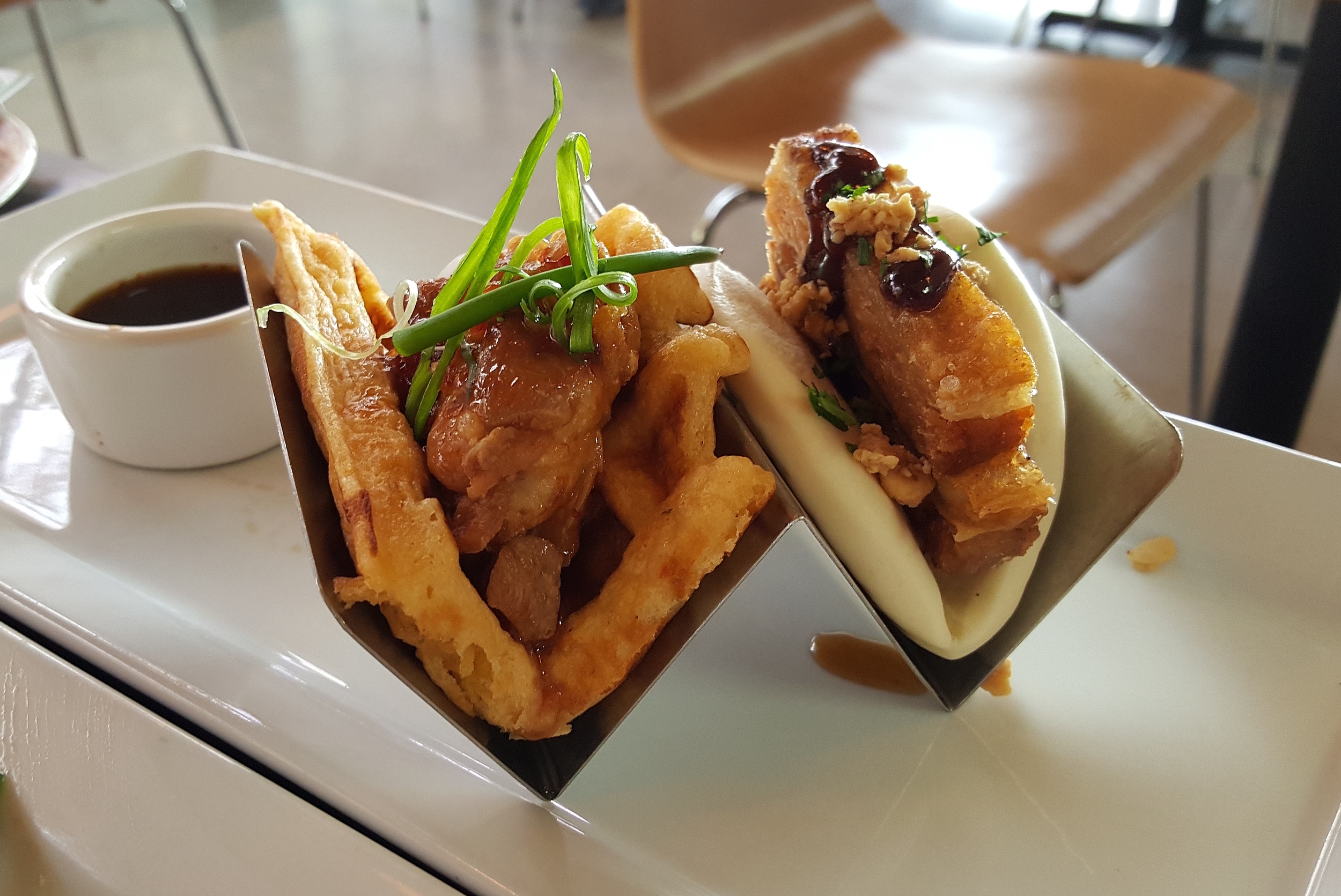 Chicken and Waffles and Pork Belly Bun