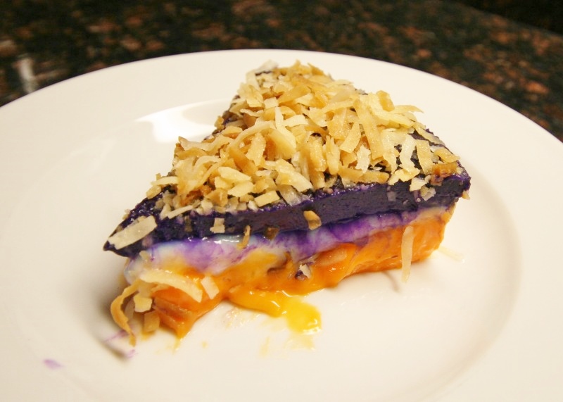 Sapin-sapin, 3-layer glutinous rice cake with ube (purple yam), macapuno (coconut), and langka (jackfruit)