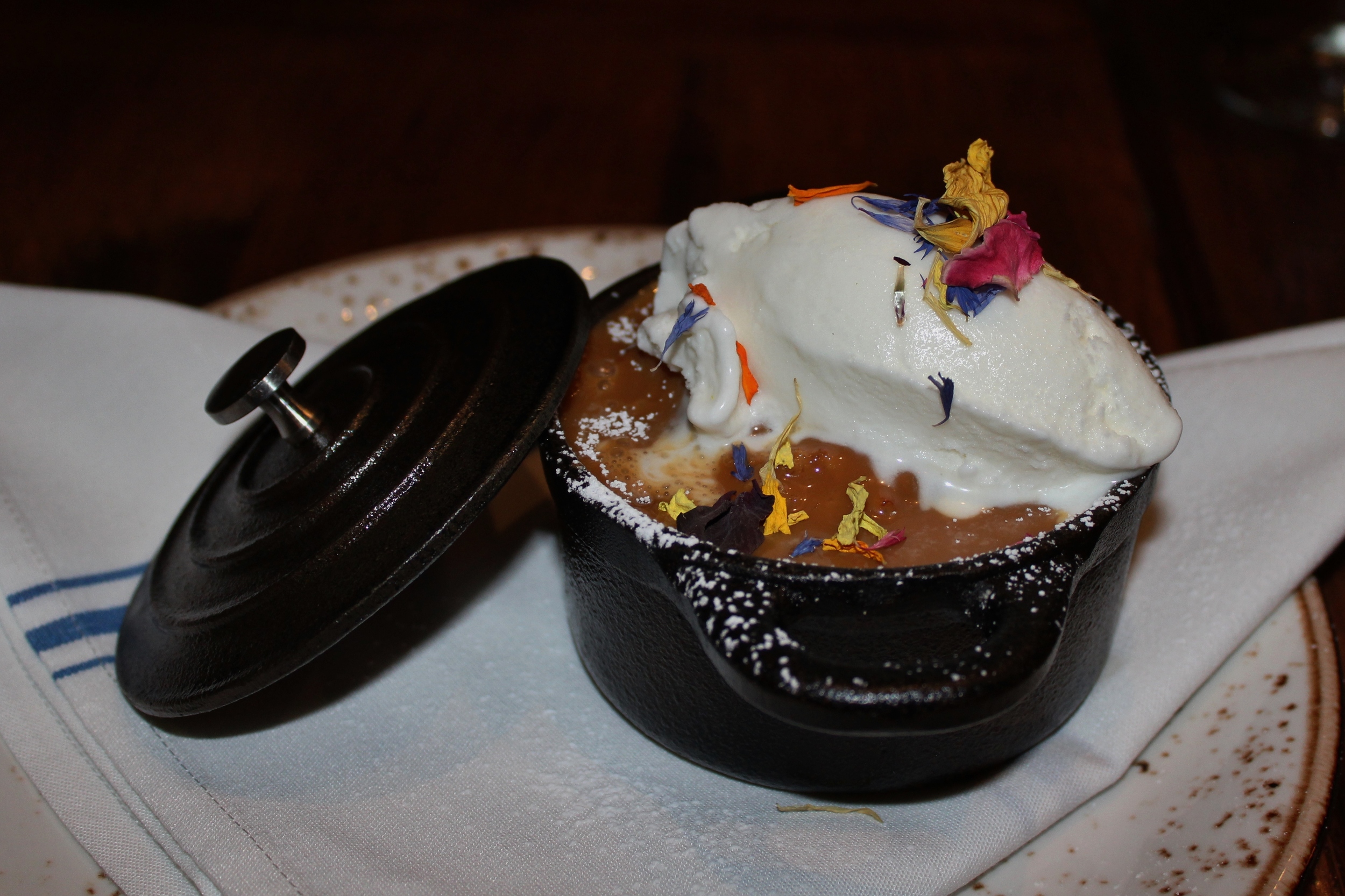 Cinnamon bread pudding with goat milk caramel and crème frâiche ice cream