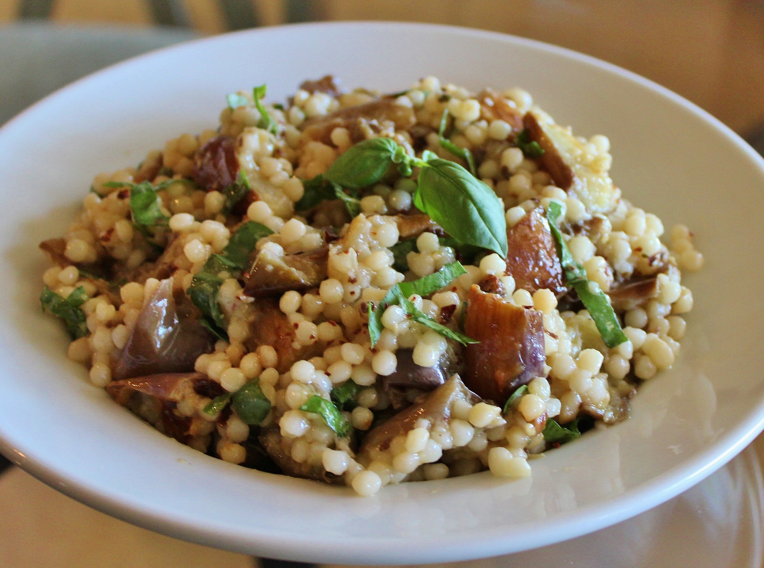 Israeli couscous with eggplant and basil
