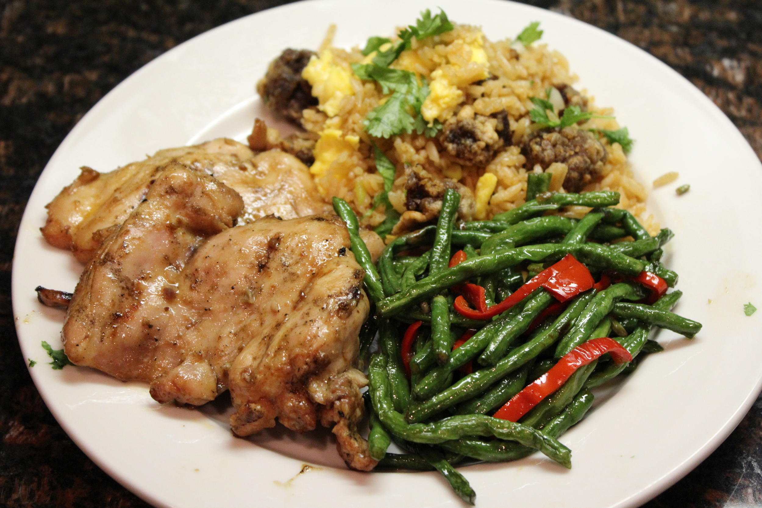 Teriyaki chicken with Chinese long beans and pork belly fried rice.