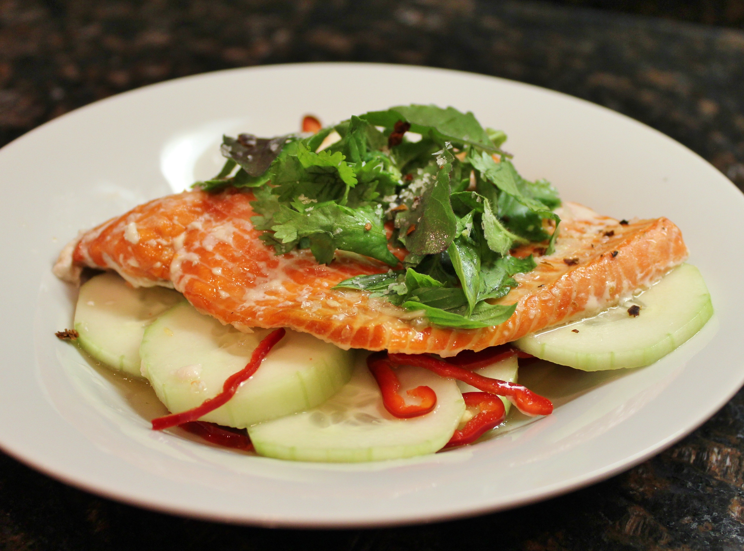 Sockeye salmon with spicy cucumbers and nuoc cham