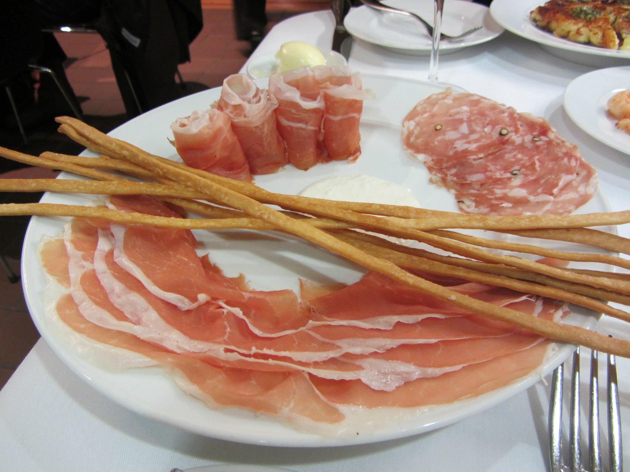 Salumi - Prosciutto di San Daniele riserva, speck Alto Adige, Fra'Mani salame toscano, rafano (horseradish creme fraiche), and grissini.