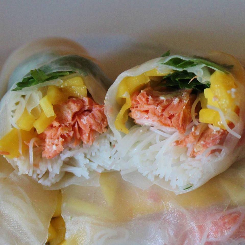 Salmon and mango rice paper rolls