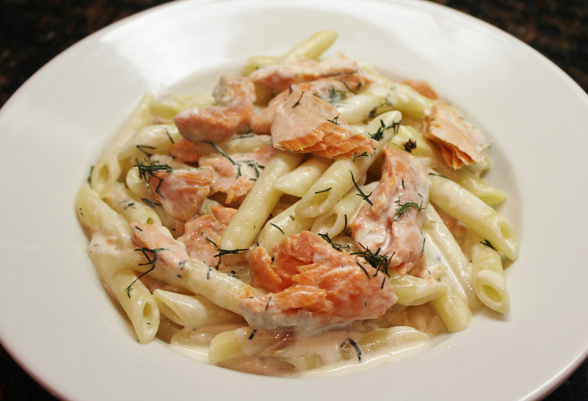 Sockeye salmon pennette with scotch-dill cream sauce