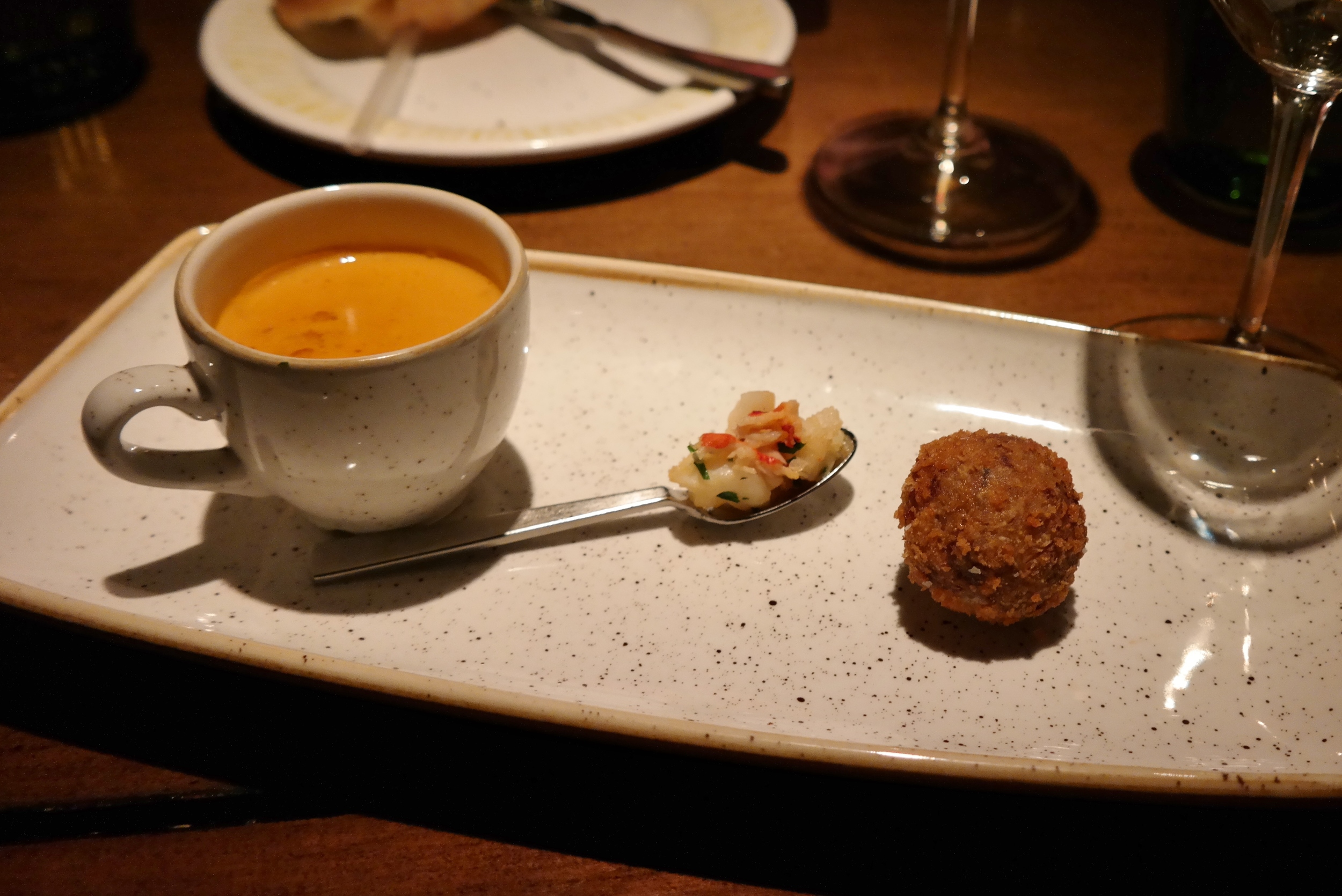 Lobster bisque with lobster and a braised short rib croquette 
