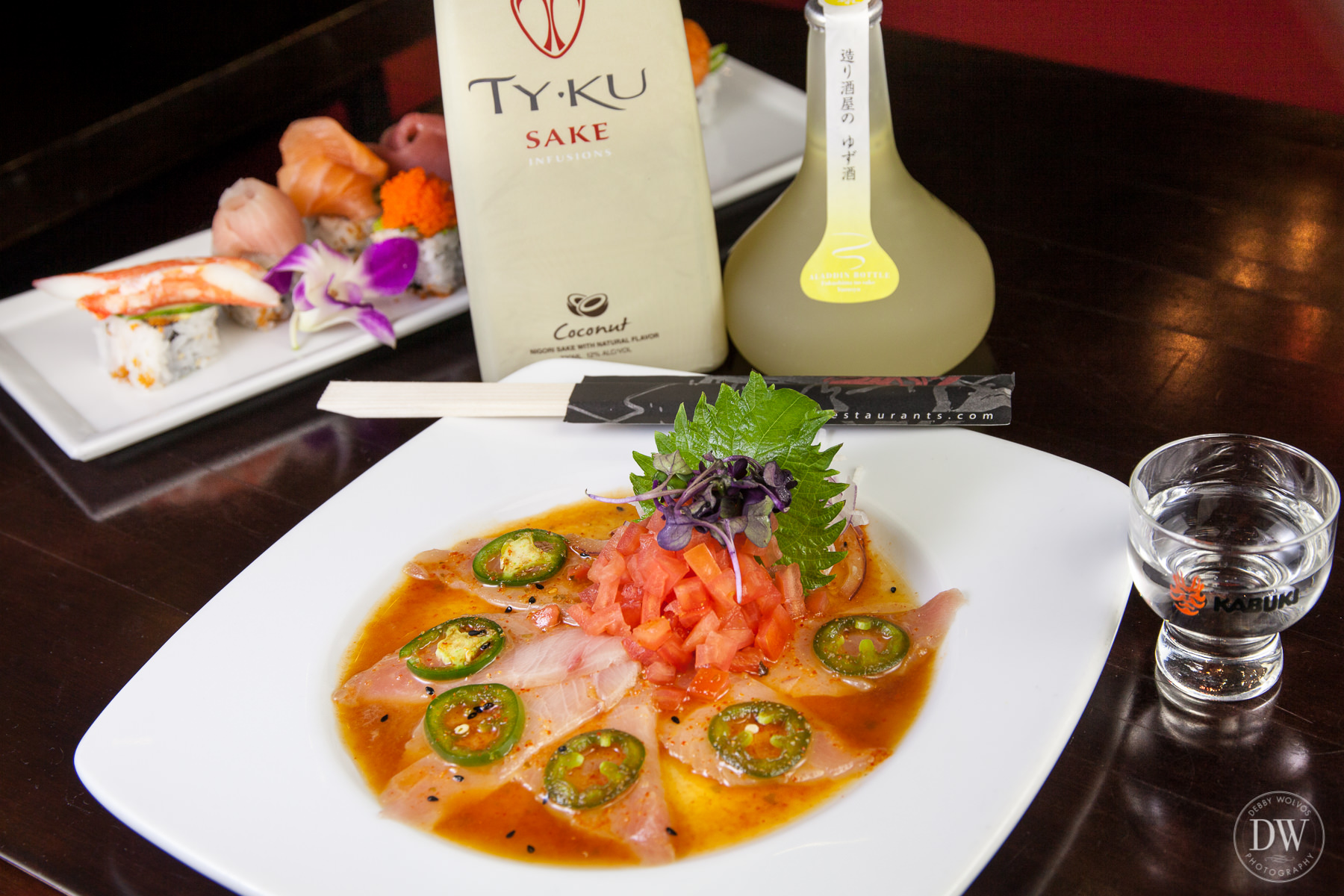 Yuji suggests ordering a sake like Homare Aladdin Yuzu, a junmai made with yuzu juice (an aromatic Japanese citrus), to enjoy with yellowtail sashimi with jalapeños and spicy ponzu sauce. 