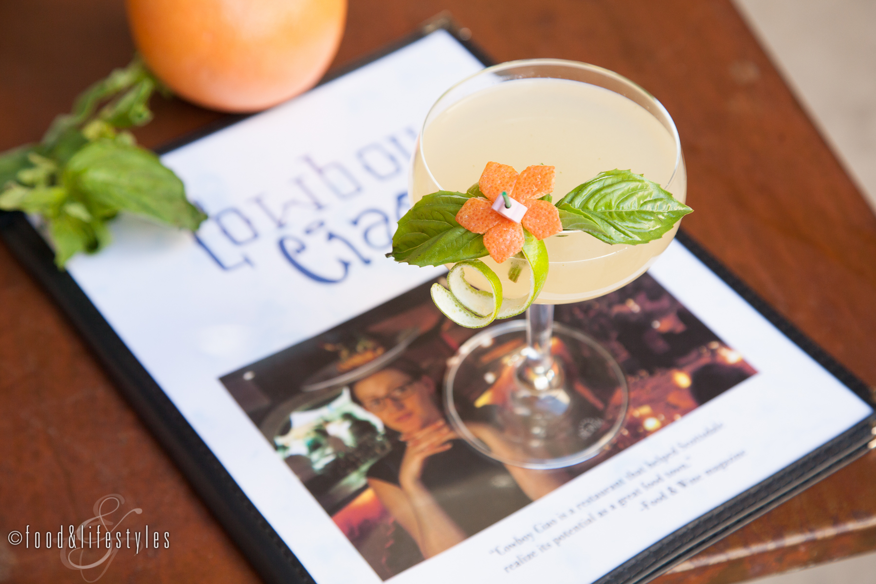 Tito's vodka, Giffard Pamplemousse Rose, grapefruit, ginger, basil and lemon. 
