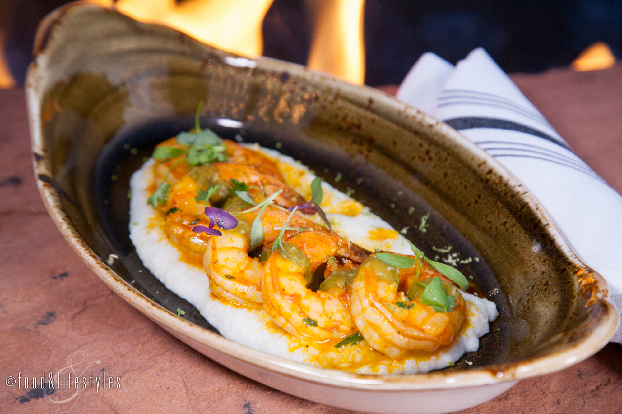 Southwest shrimp with lemon grits and smoked poblano-tomatillo sauce