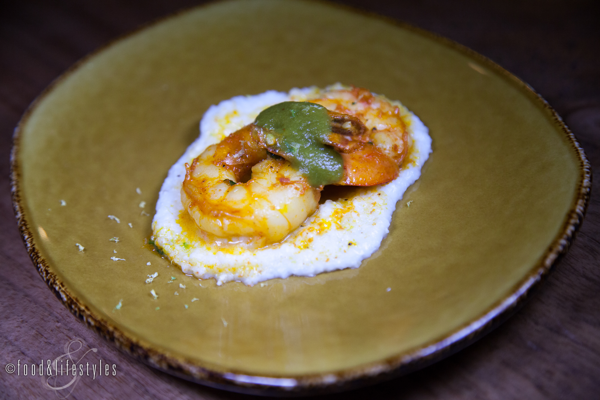 Southwest shrimp with lemon grits and smoked poblano-tomatillo sauce