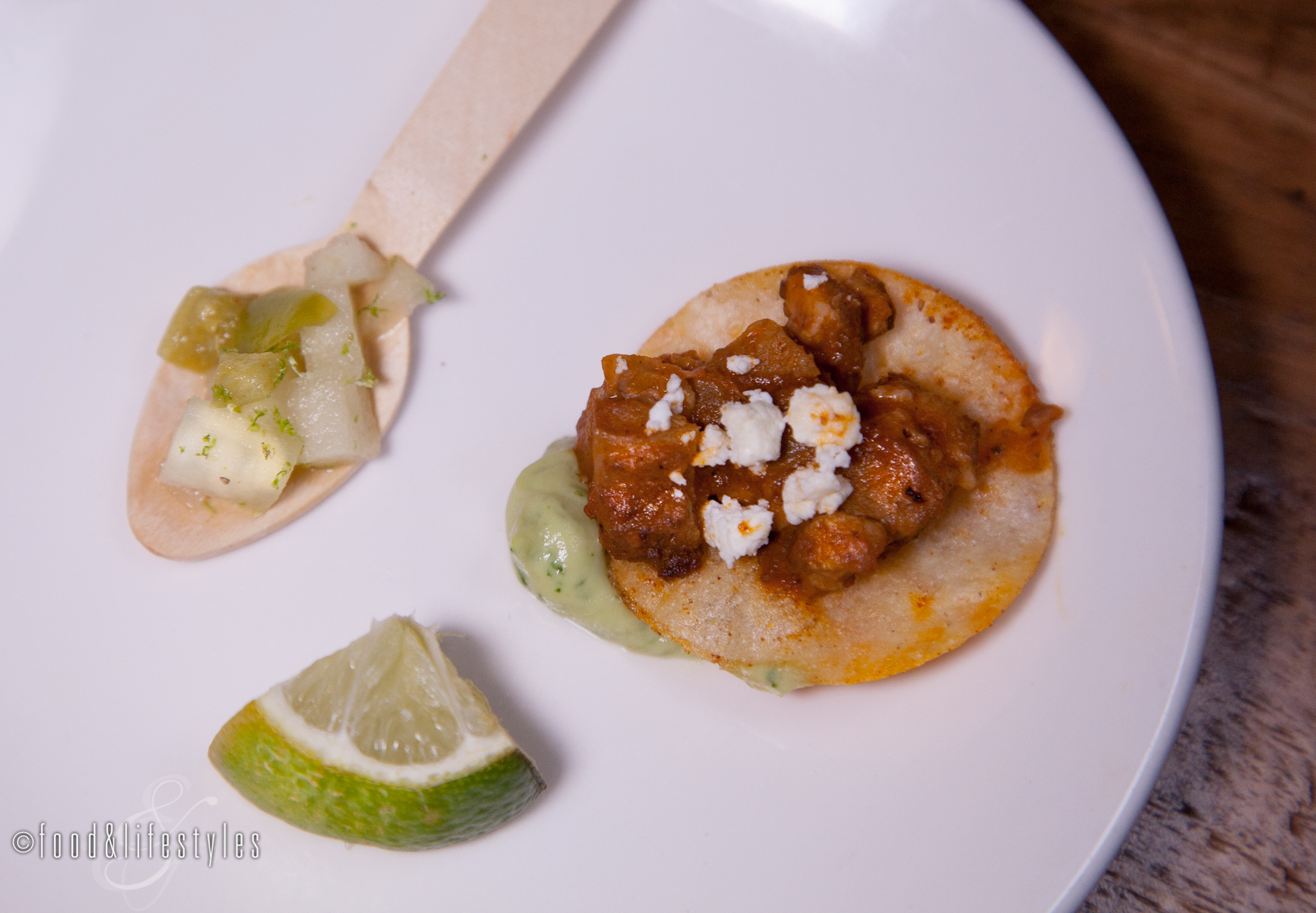 Lamb tostadas with smoked goat cheese and  tomatillo-apple salsa 