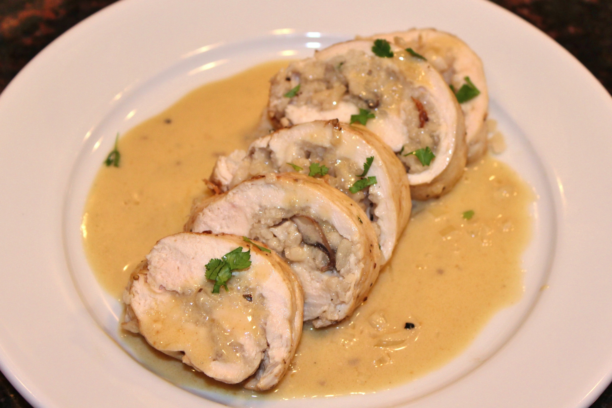 Chicken roulades stuffed with mushroom risotto