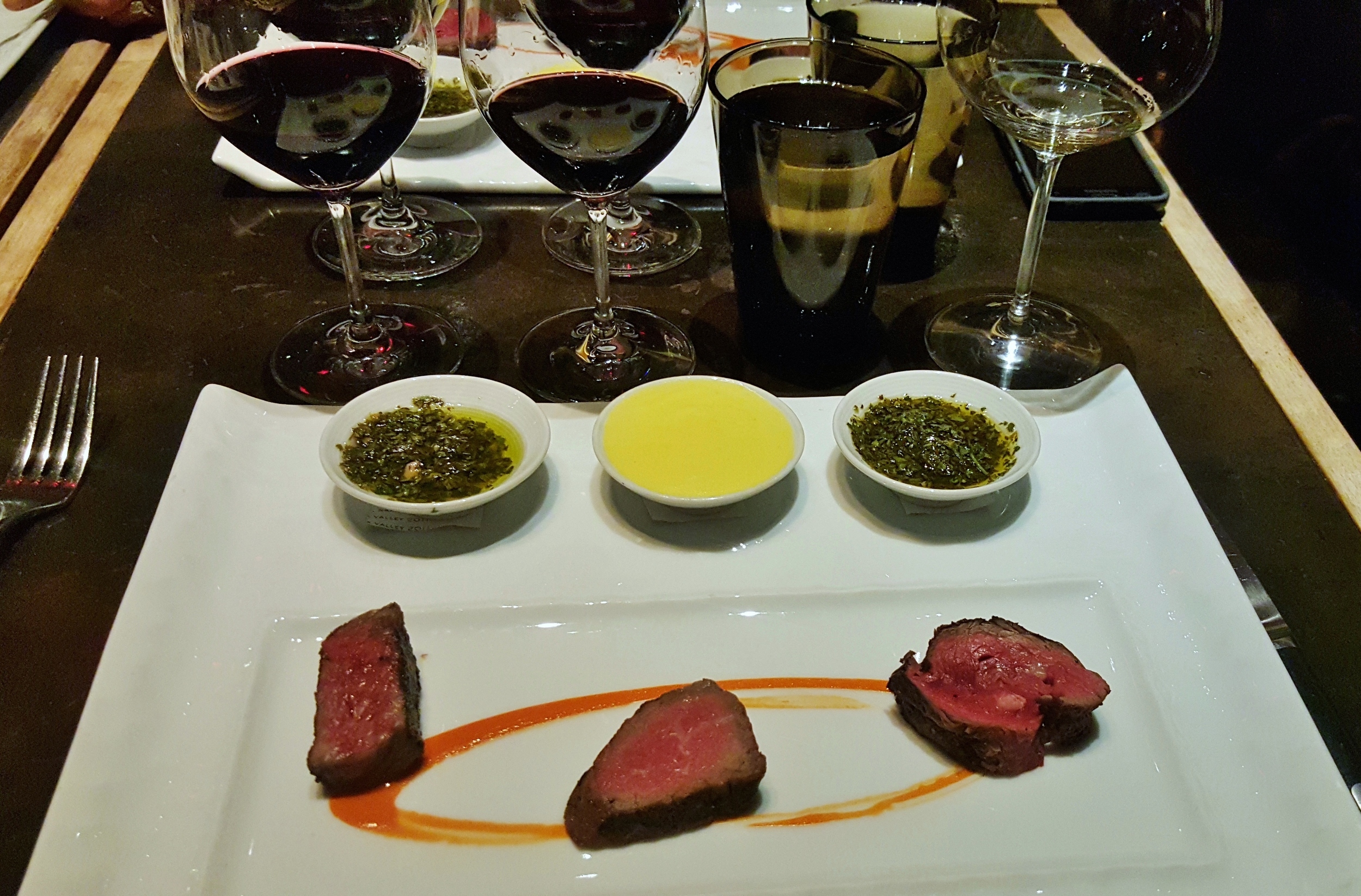 Beef trio: Wagyu A5, USDA prime, and sirloin cap. With chimichurri, bearnaise, and salsa verde. 