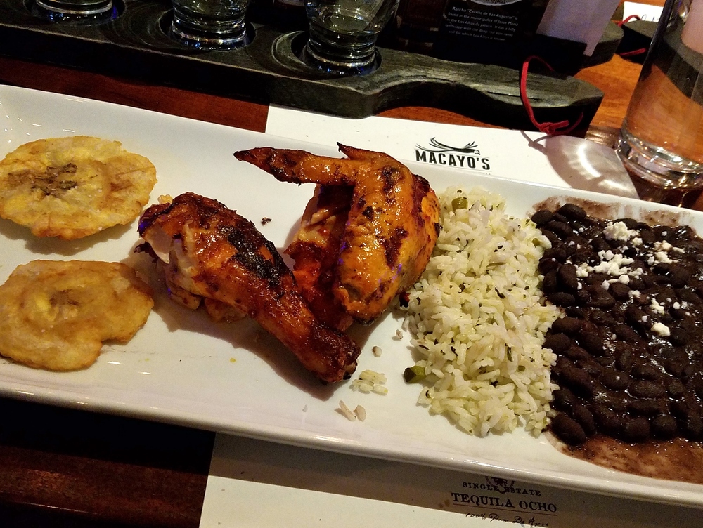 Pollo asado with platanos, cilantro rice, and black beans