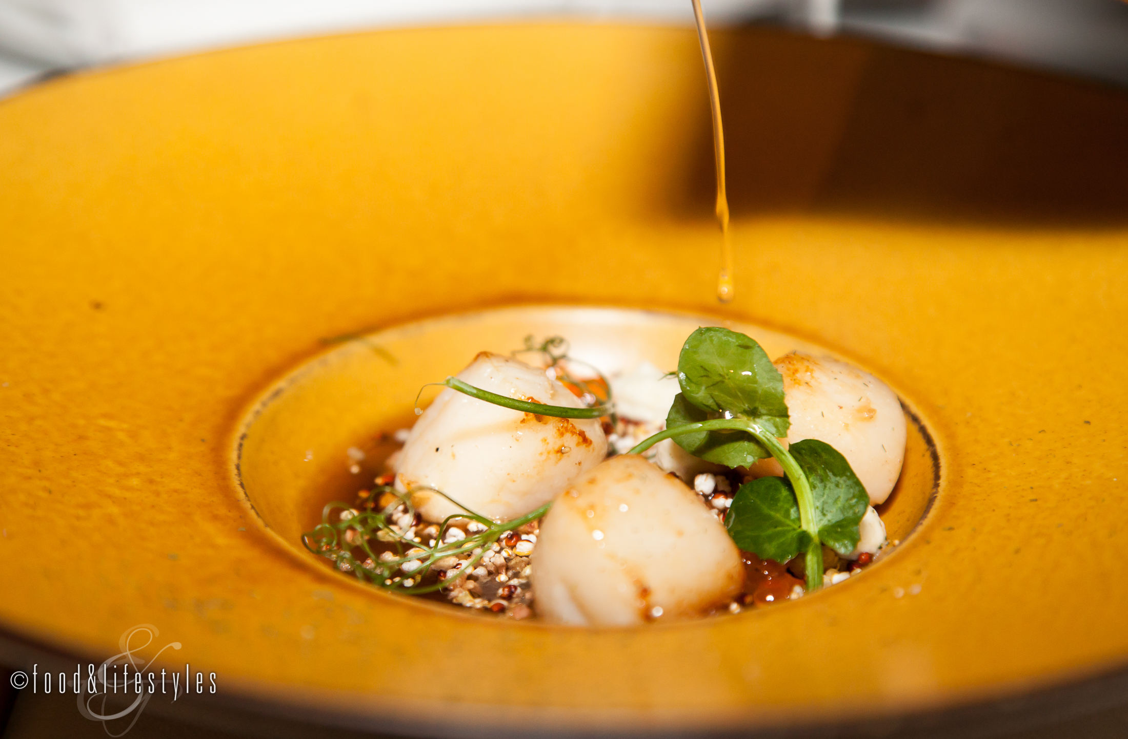 Nantucket Bay scallops with smoked trout and puffed grains