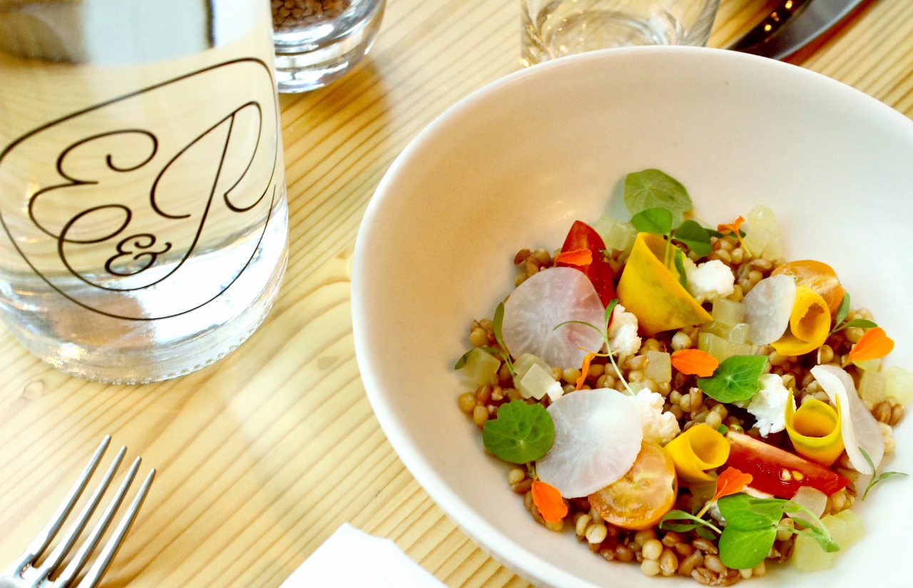 Red Fife and Emner Grain Salad with Lucky Chevre and Cherry Tomatoes (photos courtesy of Emmer & Rye)