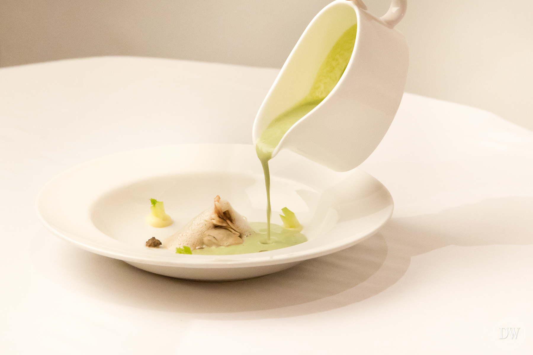 Oyster with iodine sauce, green apple and mushroom foam