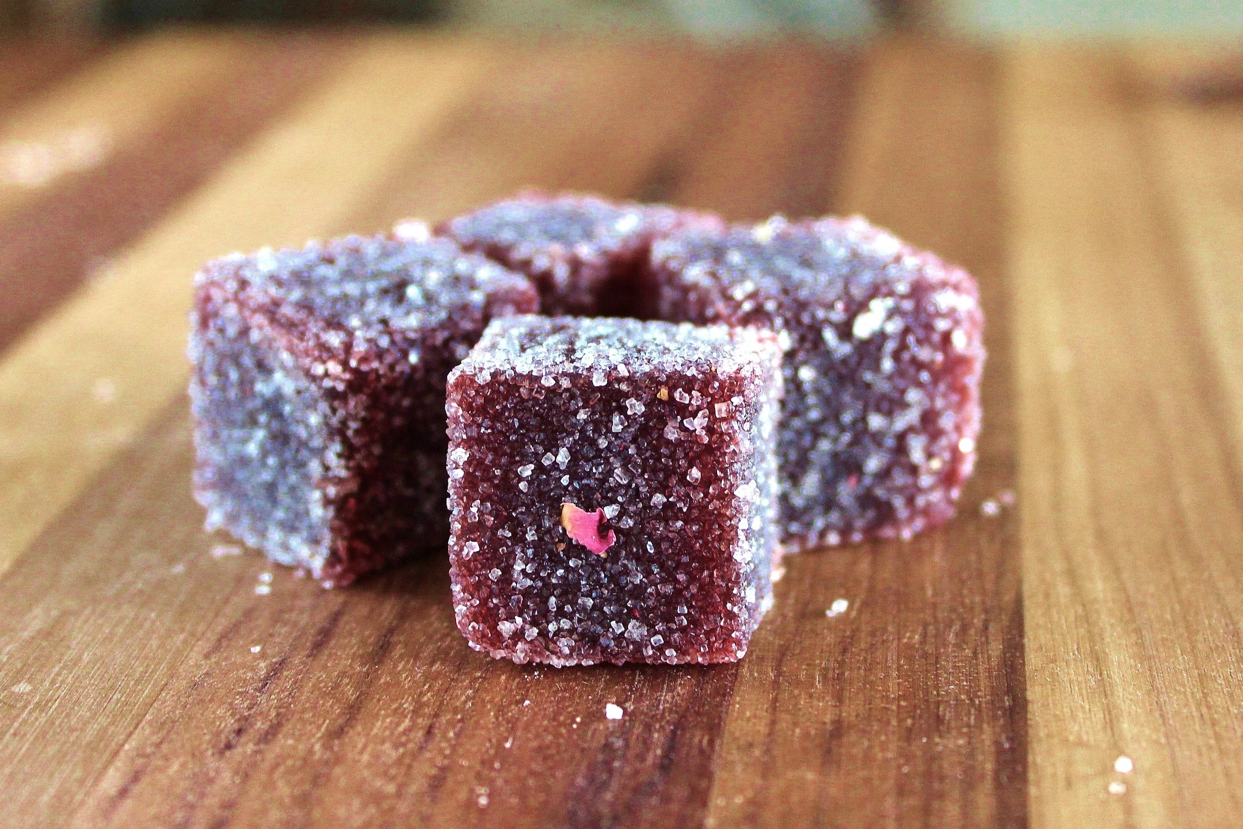 Cherry and port jellies with Terre Botanicals rose-cognac sugar