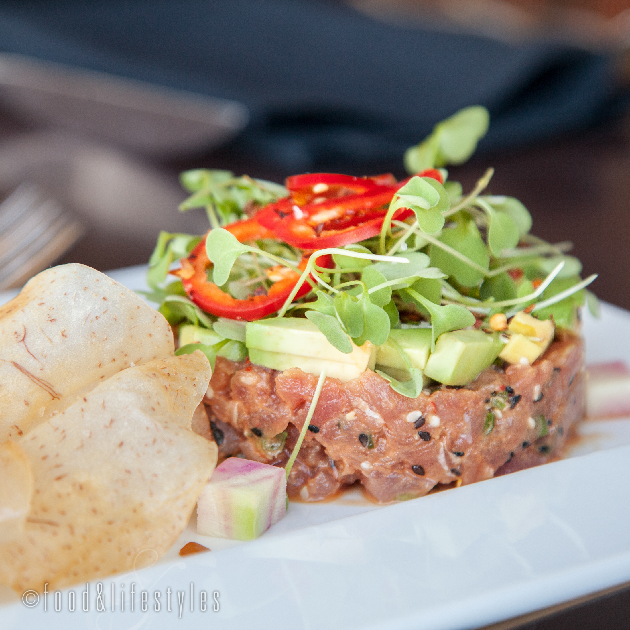 Tuna tartare with sesame-yuzu vinaigrette and taro chips