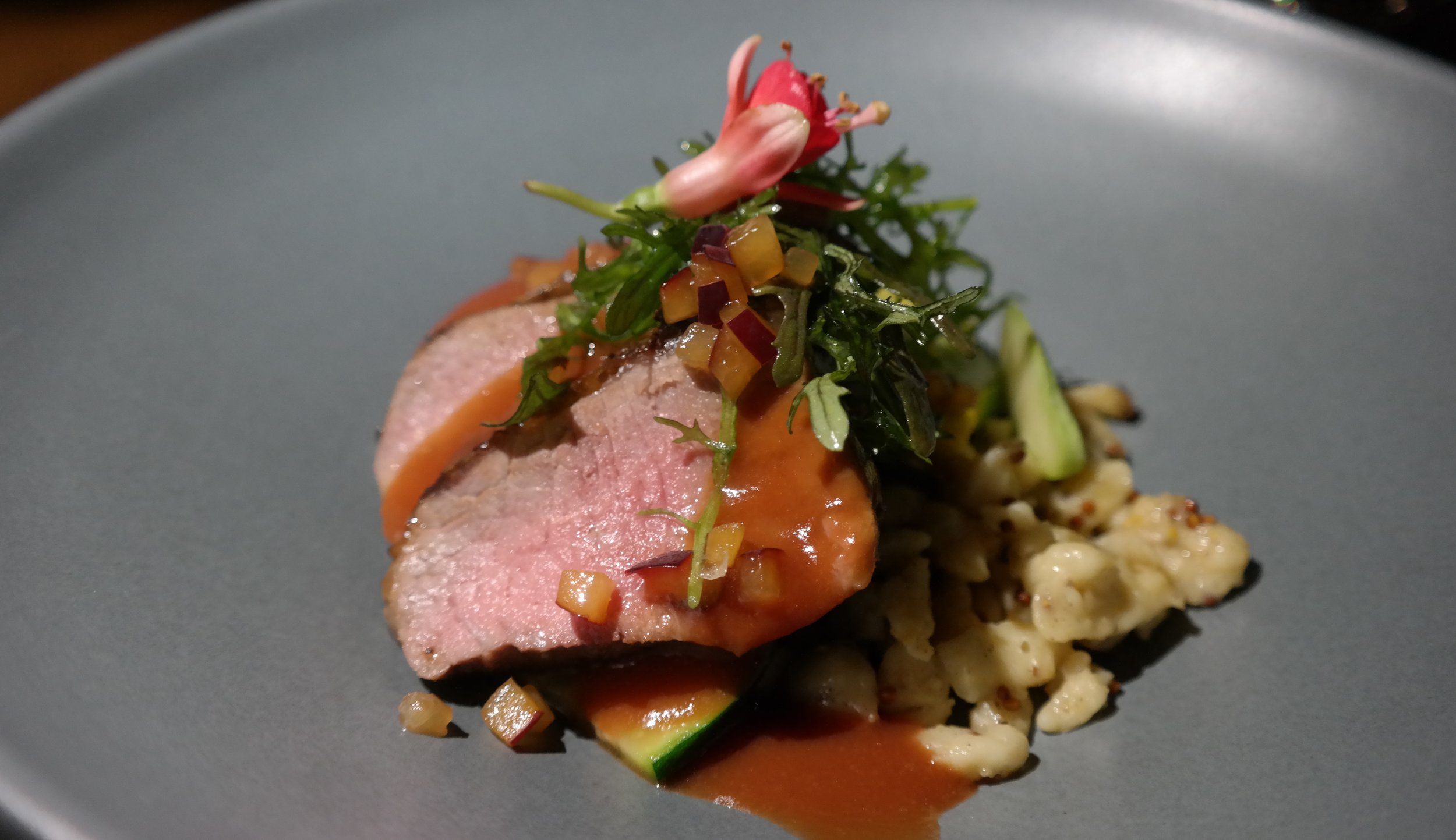 Chef Dale: Lamb Loin with Mustard Spaetzle, Mustard Microgreen Salad, and Plum Demi-Glace