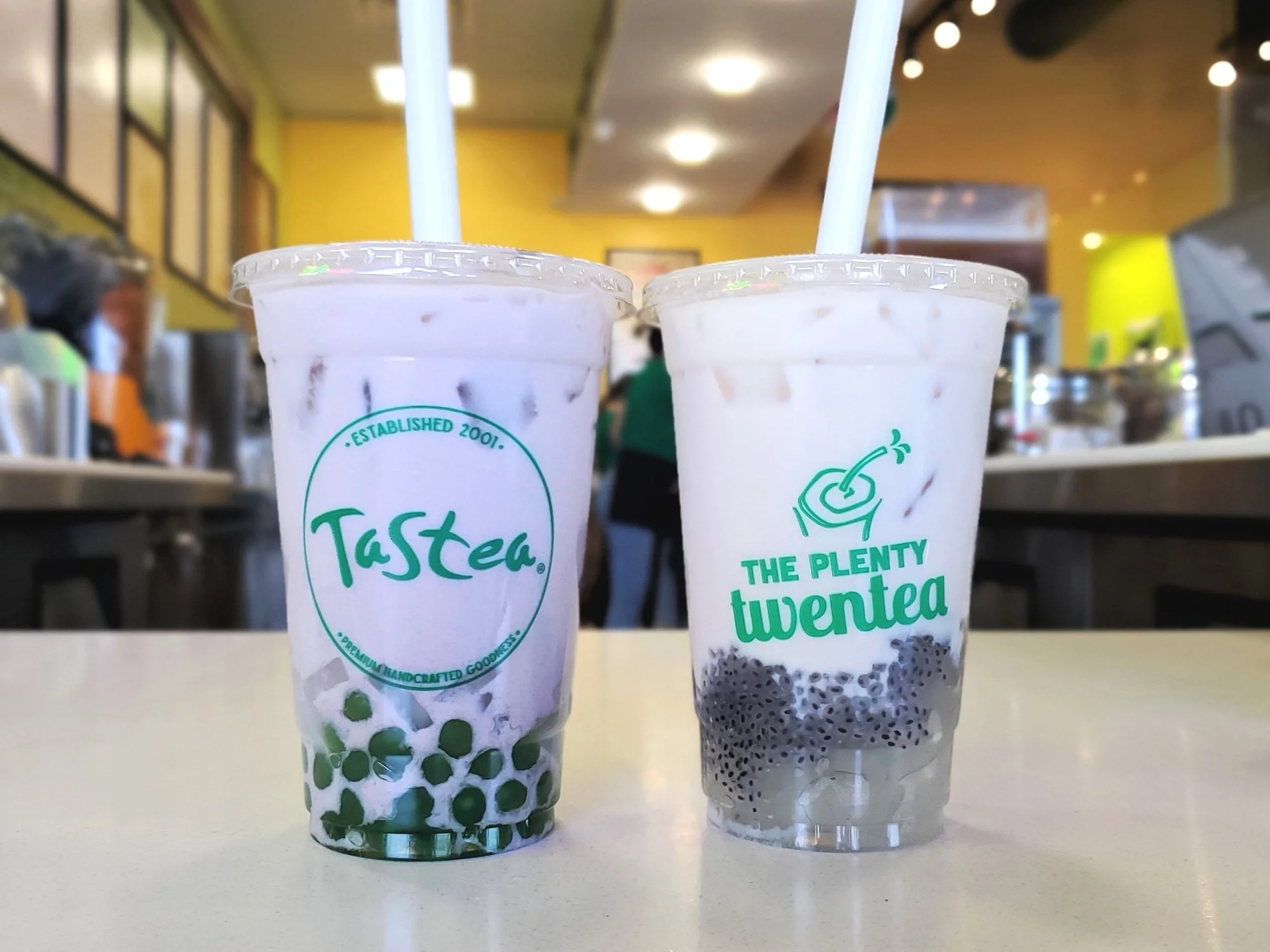 Taro milk tea with boba and lychee jelly for me, almond milk tea with aloe vera and basil seeds for mom.