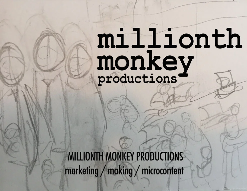 NOTE: This is (obviously) a very rough sketch of what I'm envisioning for our splash image. Essentially I see this as our album cover, and I think it'd be important for it to be a picture of the three of us. I'm thinking it's us in one third of the frame with a roomful of monkeys (actually just one monkey we shoot in many positions) at typewriters, and maybe a monkey leaping past us on our third. Yes this means a fancy photo shoot with a monkey. Maybe we fold that into our party with family?