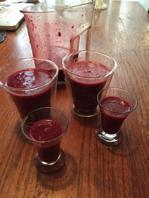 This juice tasted astoundingly good. The kids used shot glasses and knocked back quite a few.