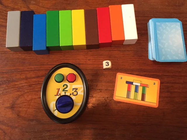 MAKE N' BREAK's blocks, timer, die, and challenge cards