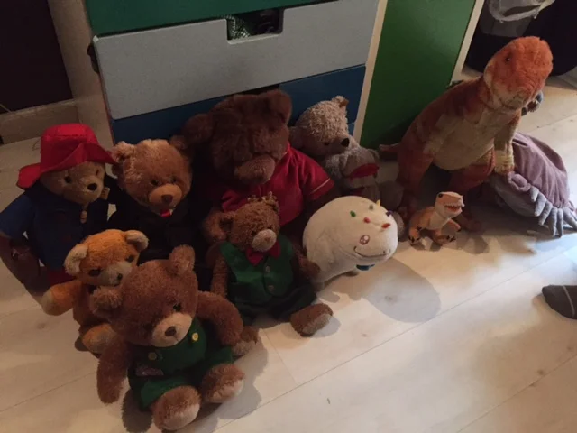 Back Row: Paddington, Fluffington Q. Ursine ESQ, Tyrone, Arctos, Boris the Allosaurus, Gruffalo (and his son Buffalo). Middle Row: Robear, Kuma, Chickens, Arc, Baby Dinosaur. Front Row: Corduroy.