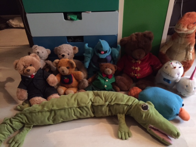 Today's class, Back L to R: Arc, Arctos, Blue robot, Tyrone, Boris. Middle L to R: Fluffington Q. Ursine ("Fluffy"), Robear, Kuma, Perry, Chickens, Ragomorph. Front row: Crocodilus.