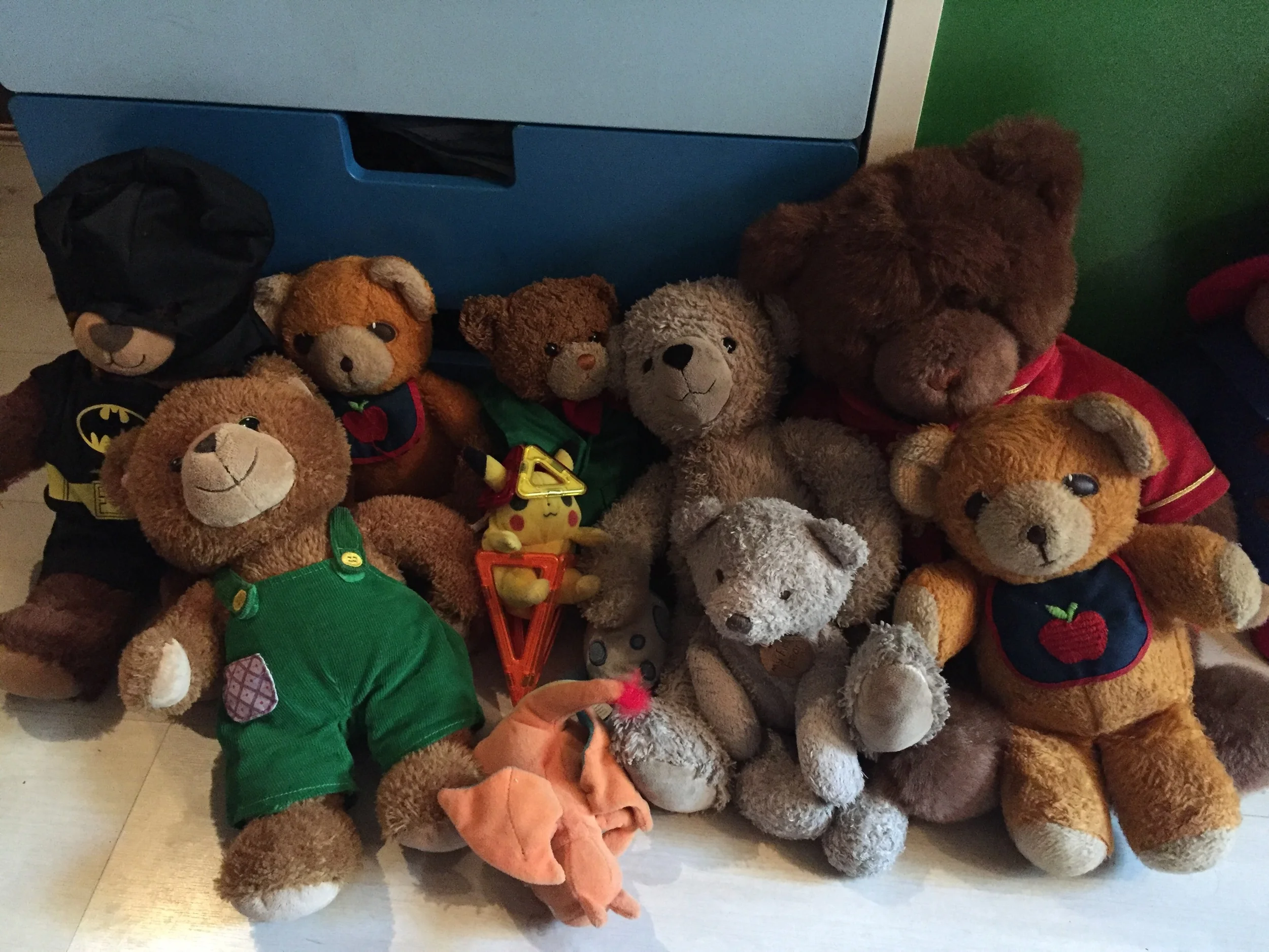 Taking attendance! From L to R: Bat Bear, Corduroy, Robear, Kuma, Pikachu, Charizard, Arctos, Arc, Tyrone, Fauxbear. Pikachar and Paddington, not pictured. 