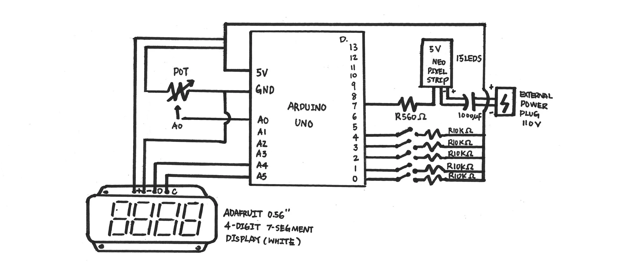 Schematics drawing of Arduino circuit.