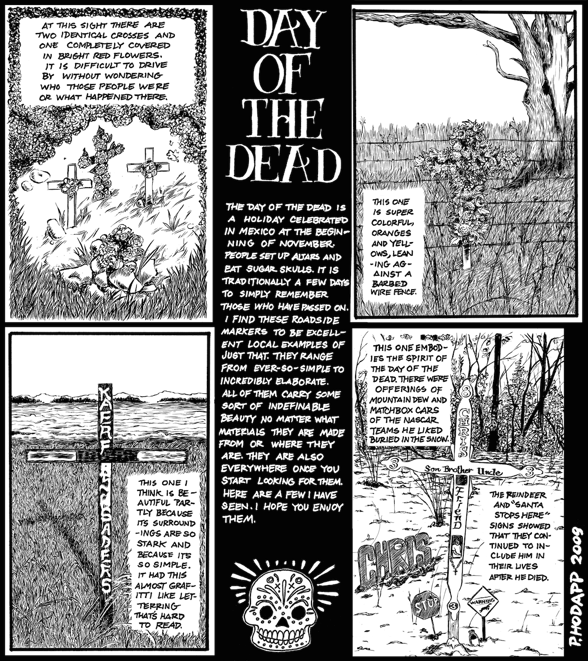 Day of the dead piece on road-side altars for the dead in rural Wisconsin.