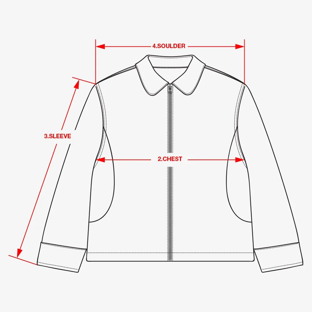 Illustration of a jacket with measurement labels for sleeve, chest, and shoulder.
