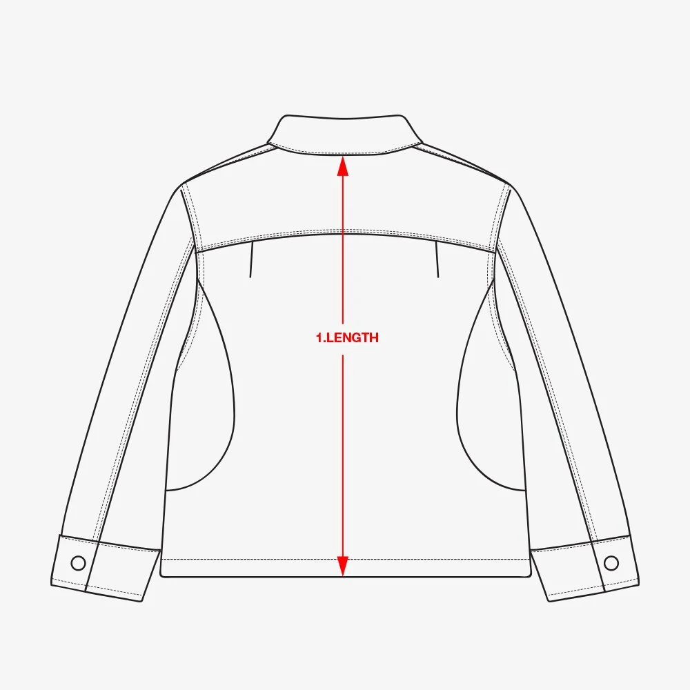 Illustration of a jacket's back view with a red arrow indicating the length measurement from shoulder to hemline.