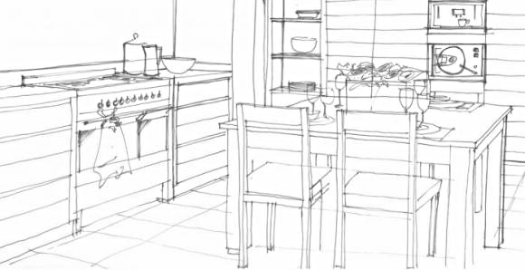 Traditionally, the stove, sink and refrigerator are placed at points of a triangle for efficient movement in the kitchen.