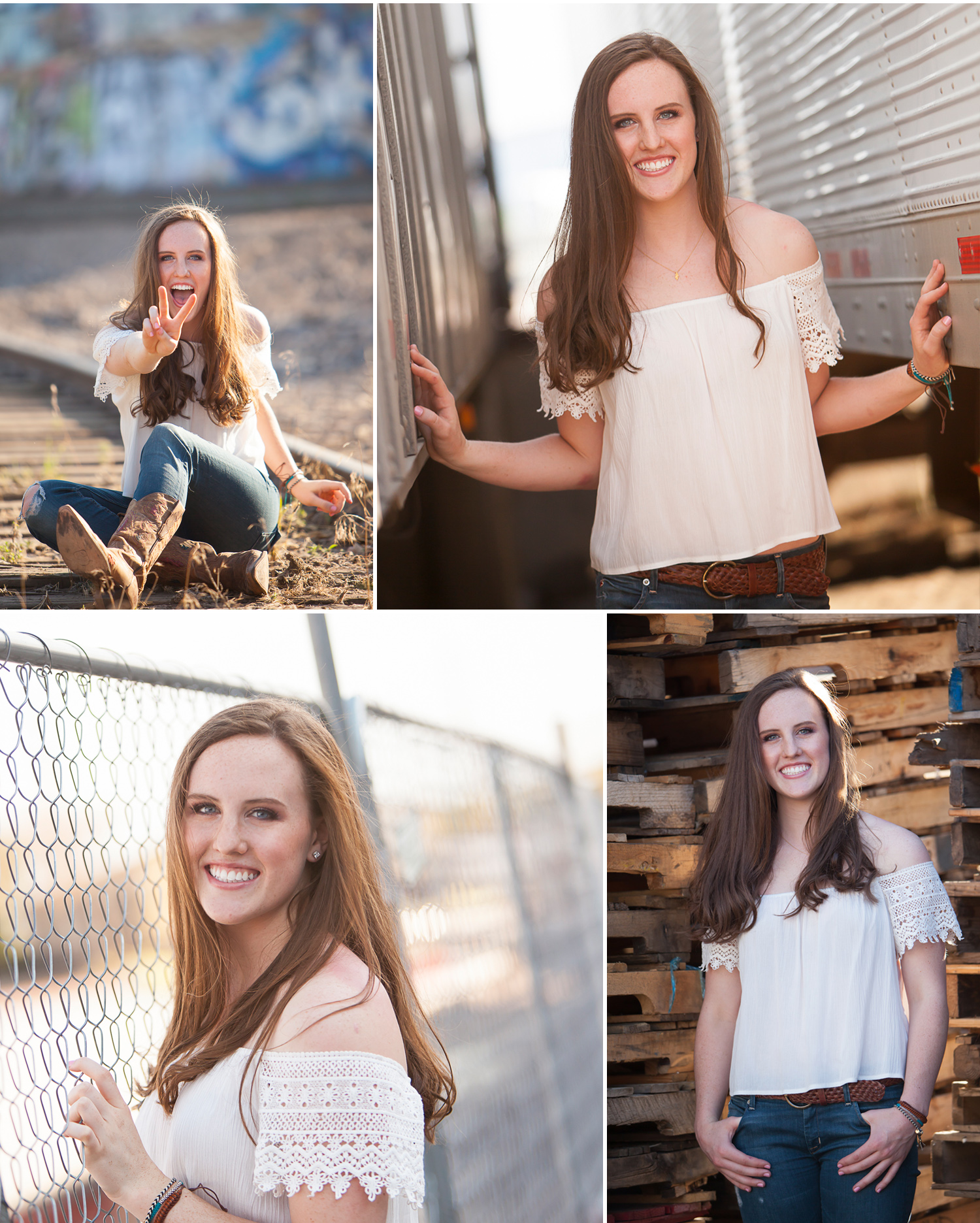 High School Senior Portraits of long haired young woman on location with fencing, trucks and out of use train tracks in Denver. Photographer Jennifer Koskinen, Merritt Design Photo