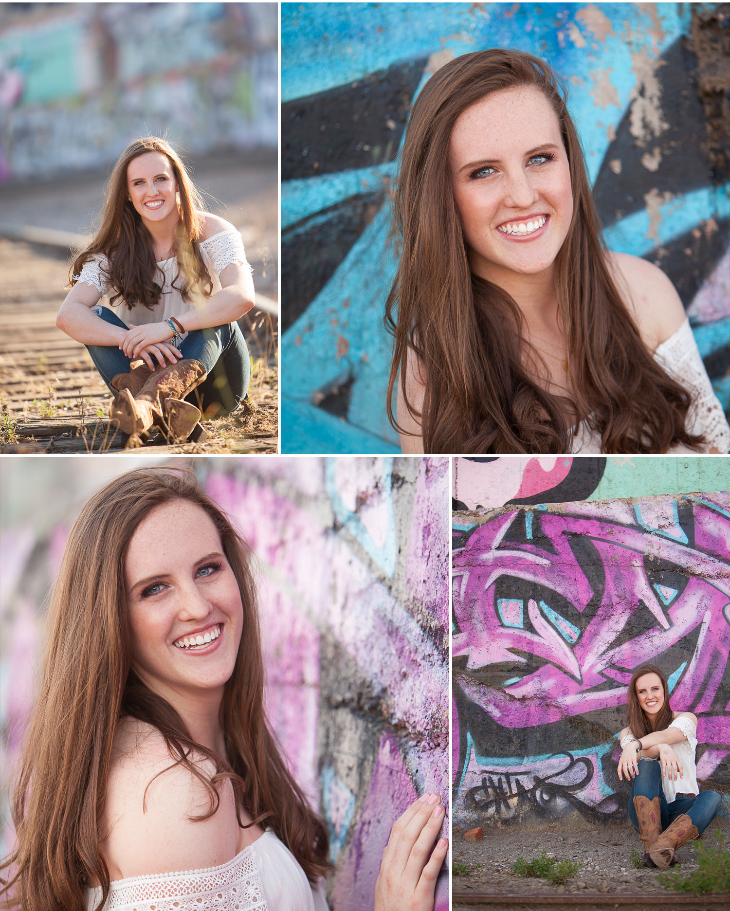 High School Senior Portraits of auburn haired girl laughing in front graffiti wall in Denver. Photographer Jennifer Koskinen, Merritt Design Photo