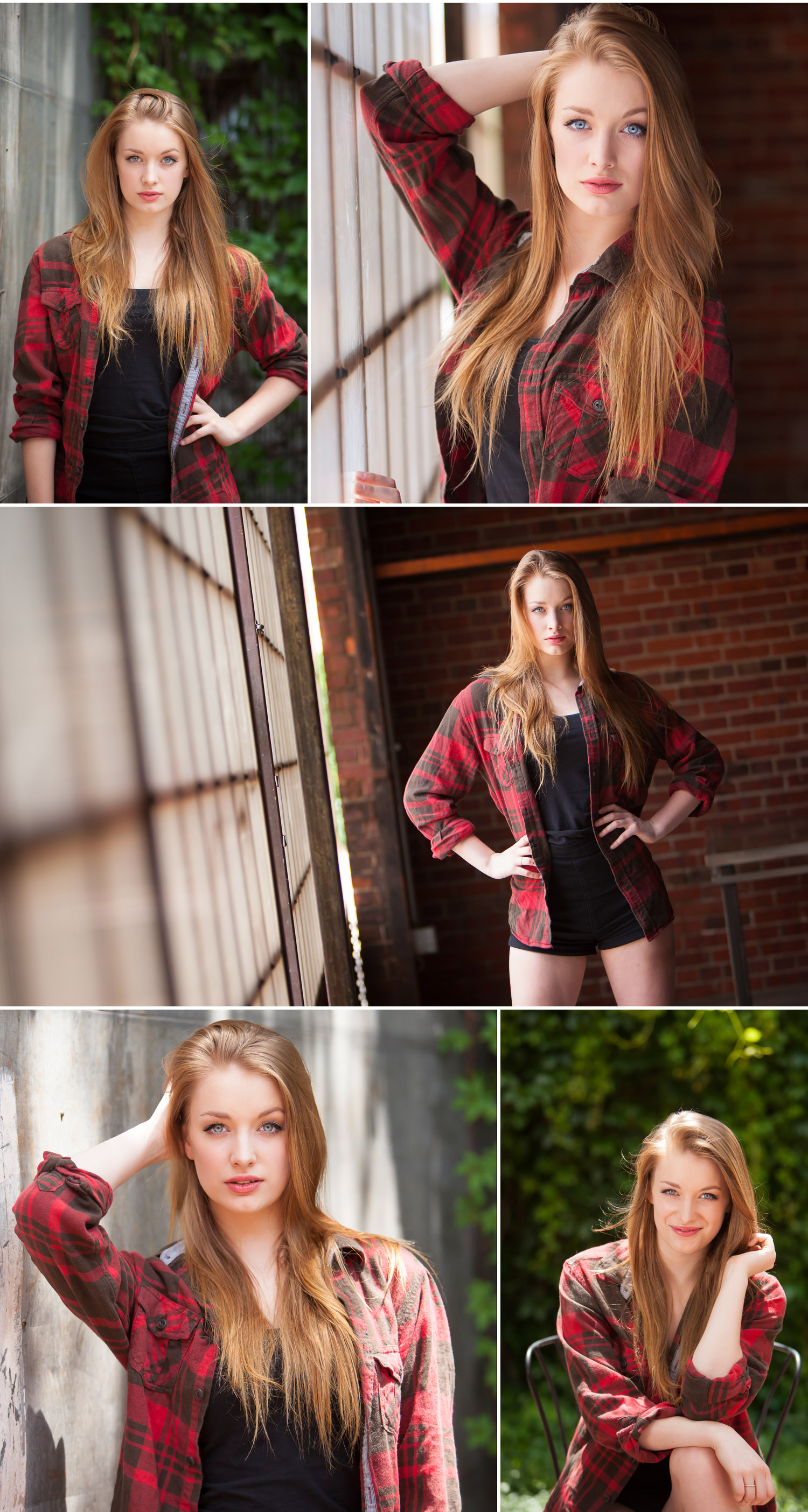Senior Portraits, in red plaid flannel shirt at industrial warehouse, Blanc in Denver, with portrait photographer Jennifer Koskinen of Merritt Portrait Studio