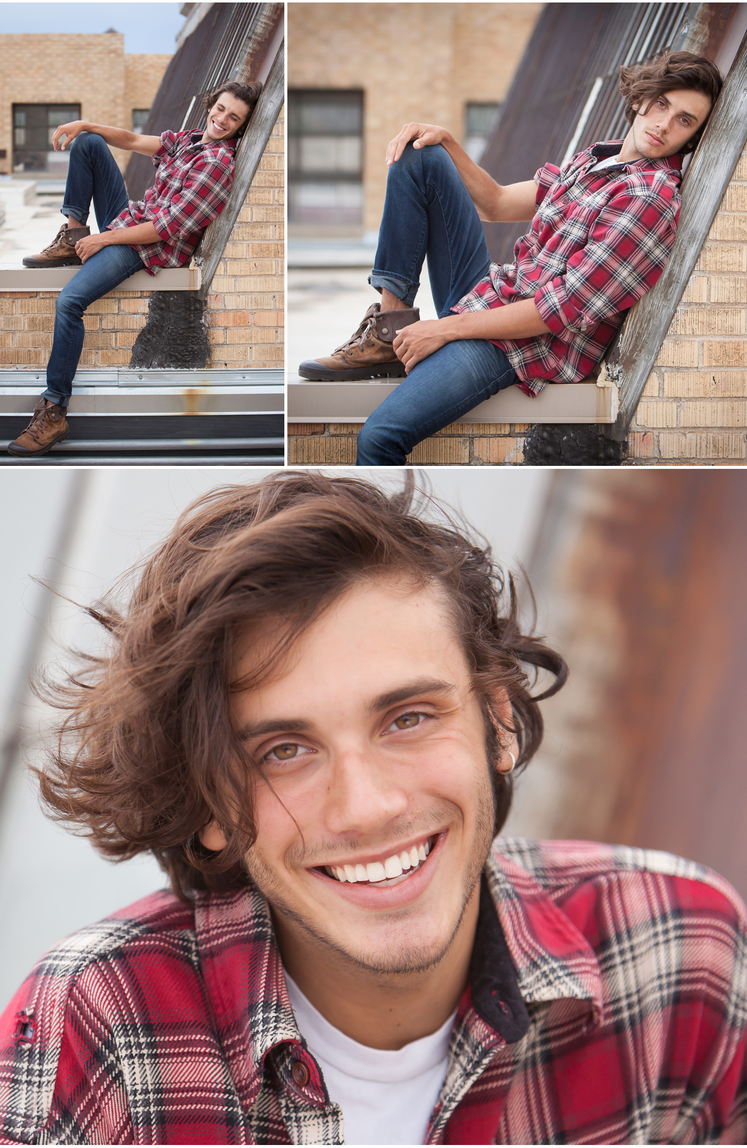 Male Talent Headshots and Portfolio Photos on urban rooftop, by Denver Photographer Jennifer Koskinen, Merritt Portrait Studio.