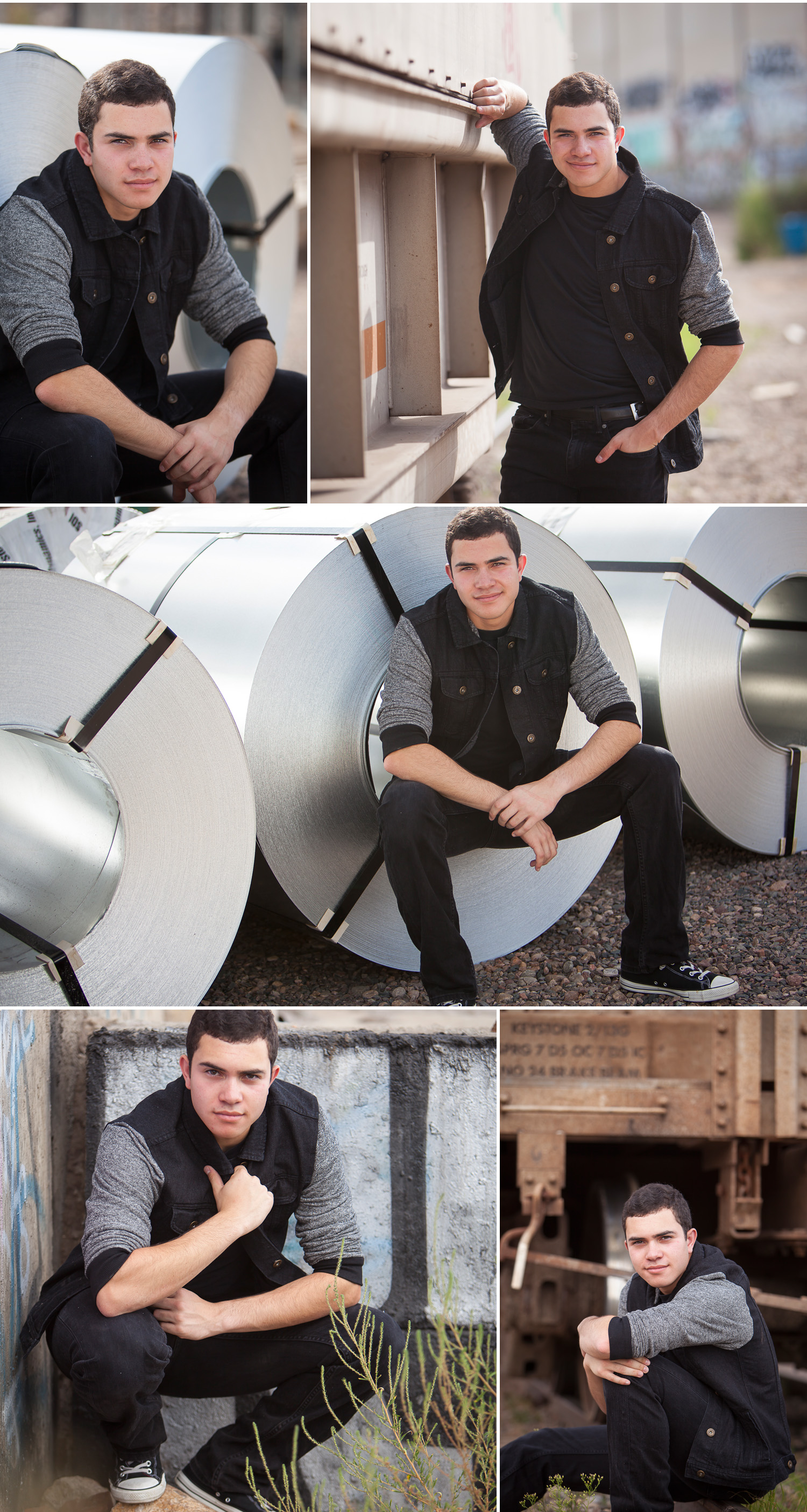 Senior Guy Portraits with building materials on industrial campus, with Denver photographer Jennifer Koskinen of Merritt Portrait Studio