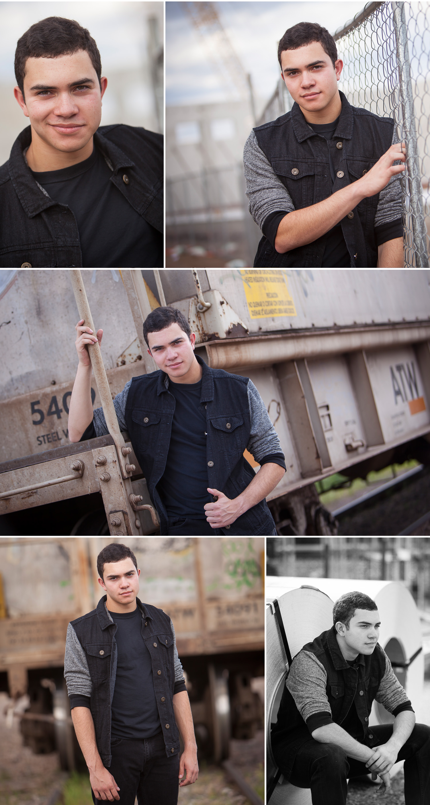 Senior Guy Portraits with construction site and vintage train, with Denver photographer Jennifer Koskinen of Merritt Portrait Studio